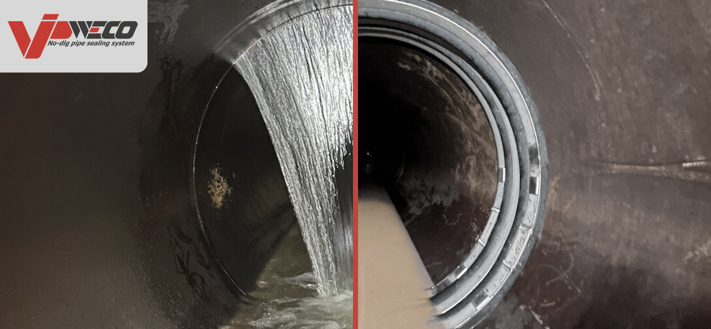 VIP-WECO internal pipe seal installed inside a pipeline to repair a leaking joint