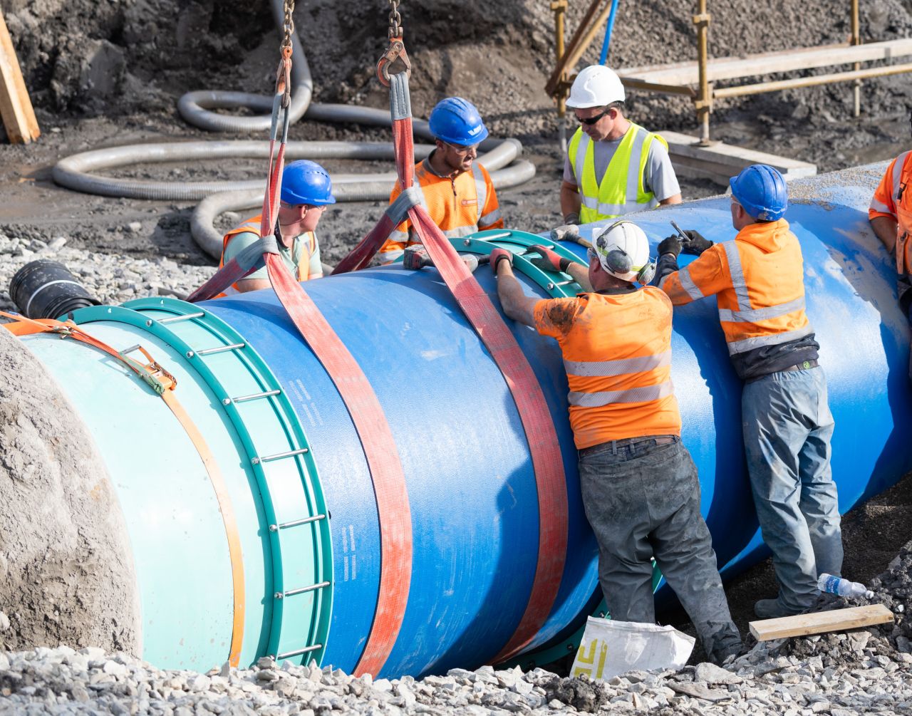 Crews working on a large-diameter pipe section during the Ballymore Eustace watermain repair